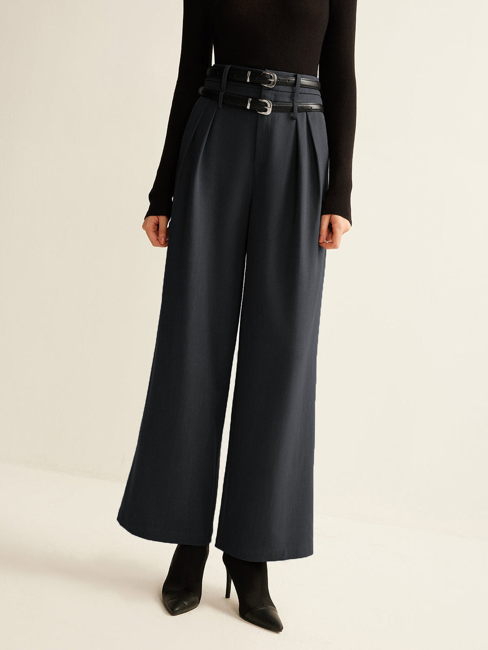 Pantalon Droit Plissé à Double Ceinture