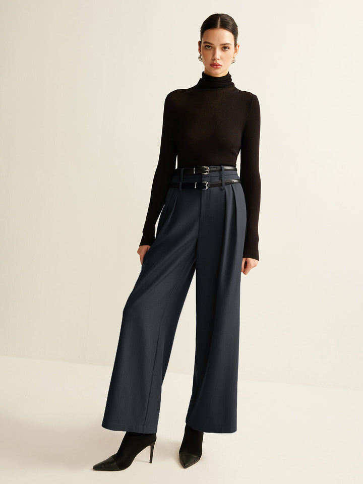 Pantalon Droit Plissé à Double Ceinture