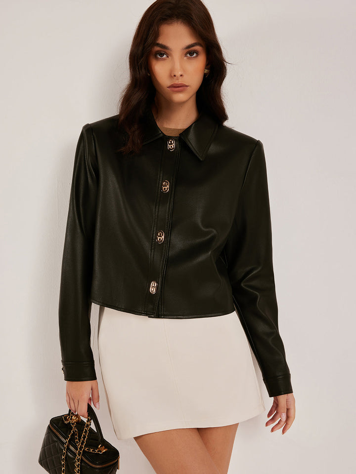 Veste Courte en Cuir Synthétique à Boutons Métalliques