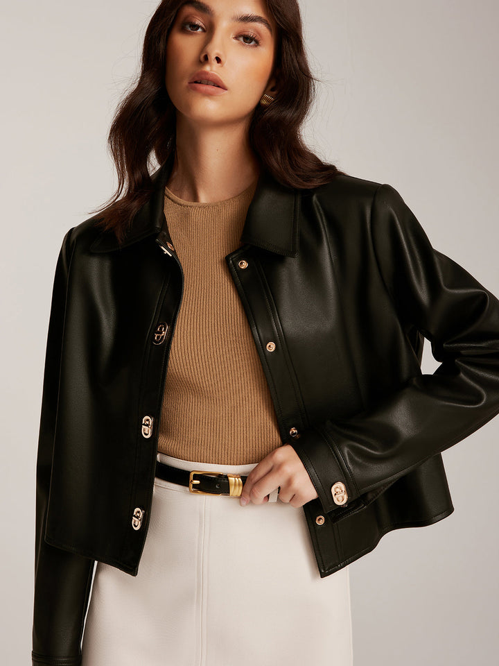 Veste Courte en Cuir Synthétique à Boutons Métalliques