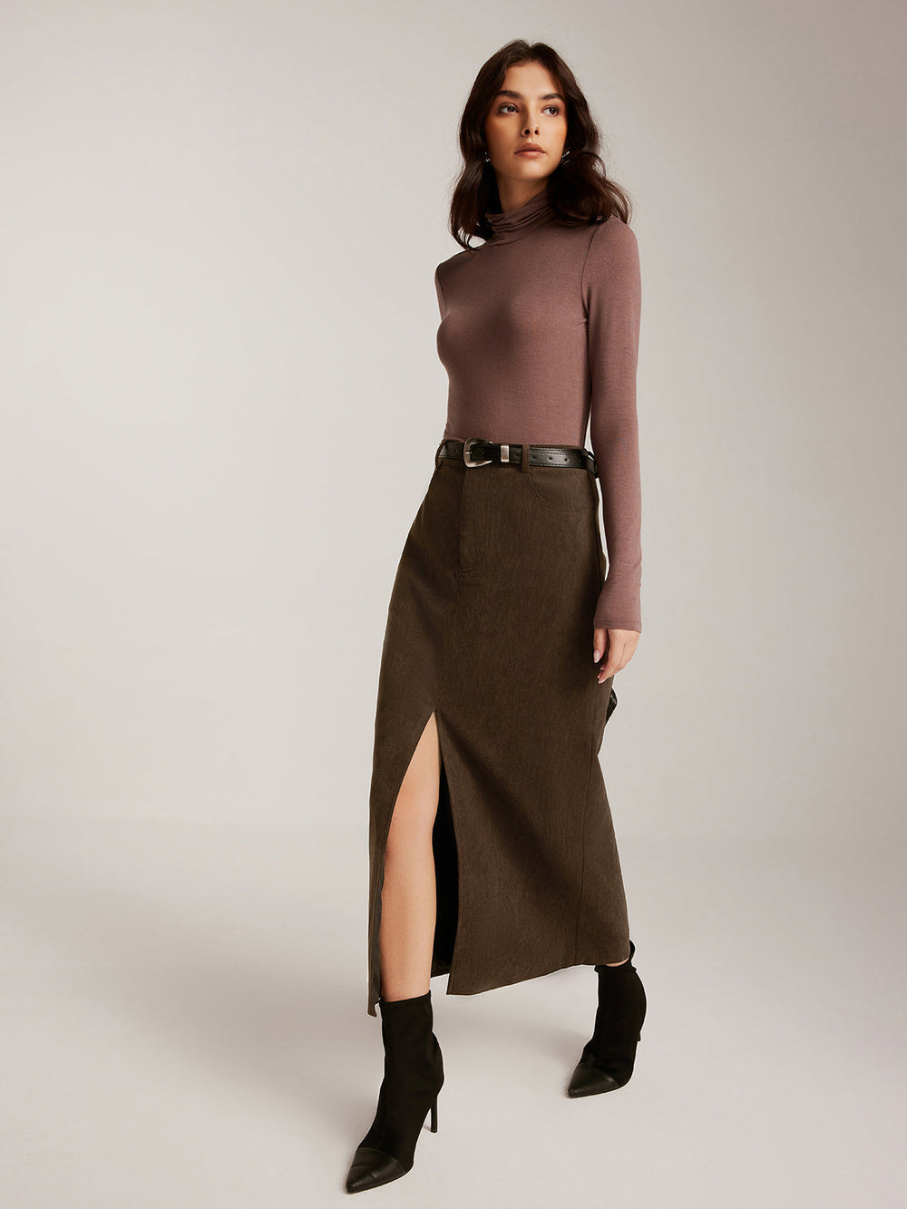Jupe Midi Divisée en Velours Côtelé avec Ceinture