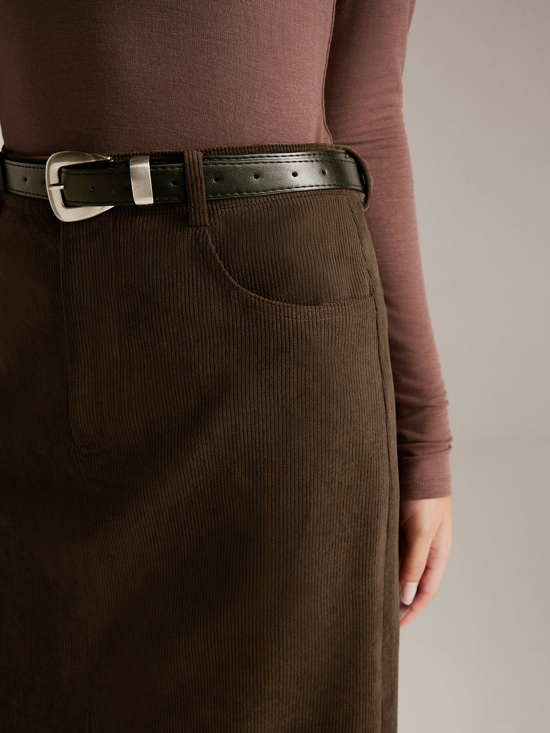 Jupe Midi Divisée en Velours Côtelé avec Ceinture