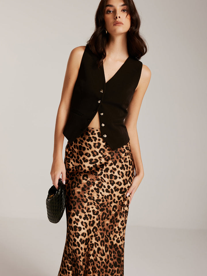 Ensemble Jupe avec Fermeture Éclair Léopard et Gilet à Boutons Métalliques
