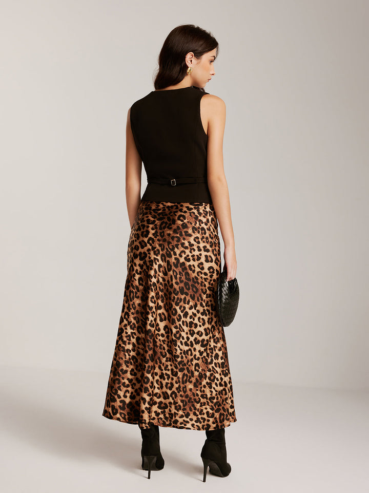 Ensemble Jupe avec Fermeture Éclair Léopard et Gilet à Boutons Métalliques