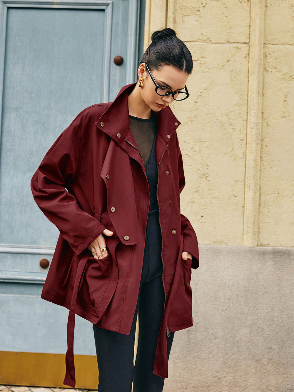 Manteau Trench Ceinturé Asymétrique Rétro