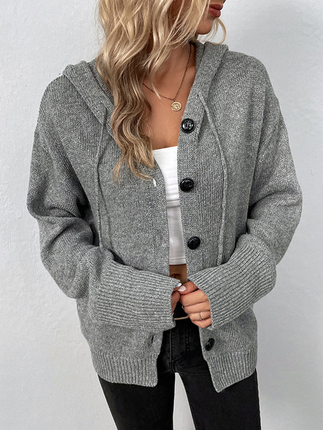Cardigan à Capuche à Boutons à Cordon