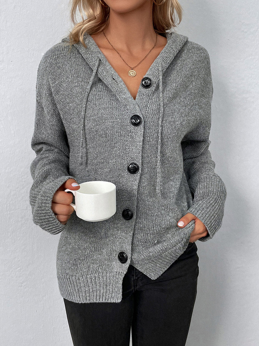 Cardigan à Capuche à Boutons à Cordon