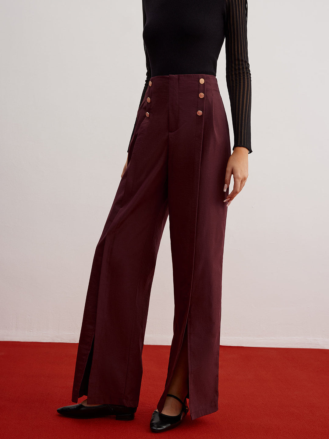Pantalons Évasés à Jambes Larges et Décor Bouton