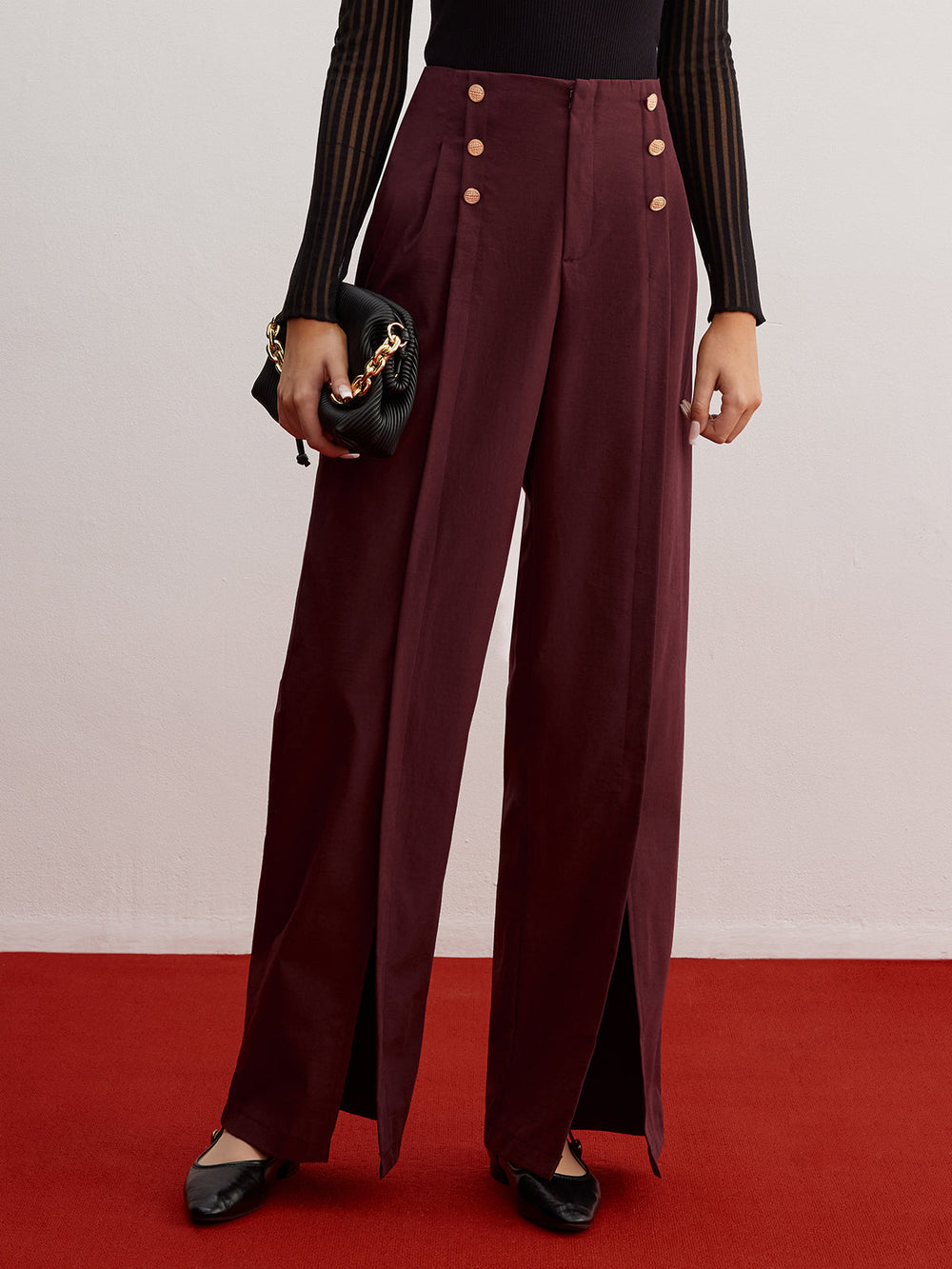 Pantalons Évasés à Jambes Larges et Décor Bouton