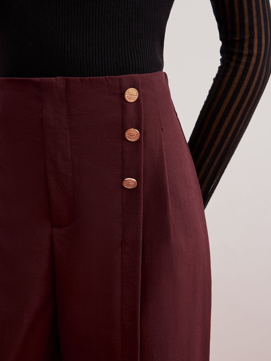 Pantalons Évasés à Jambes Larges et Décor Bouton