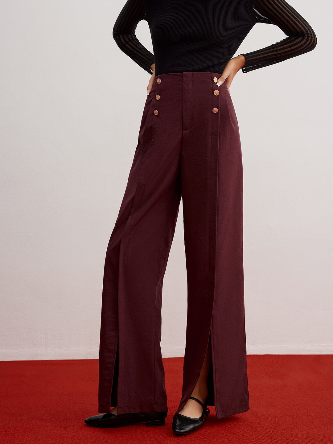 Pantalons Évasés à Jambes Larges et Décor Bouton