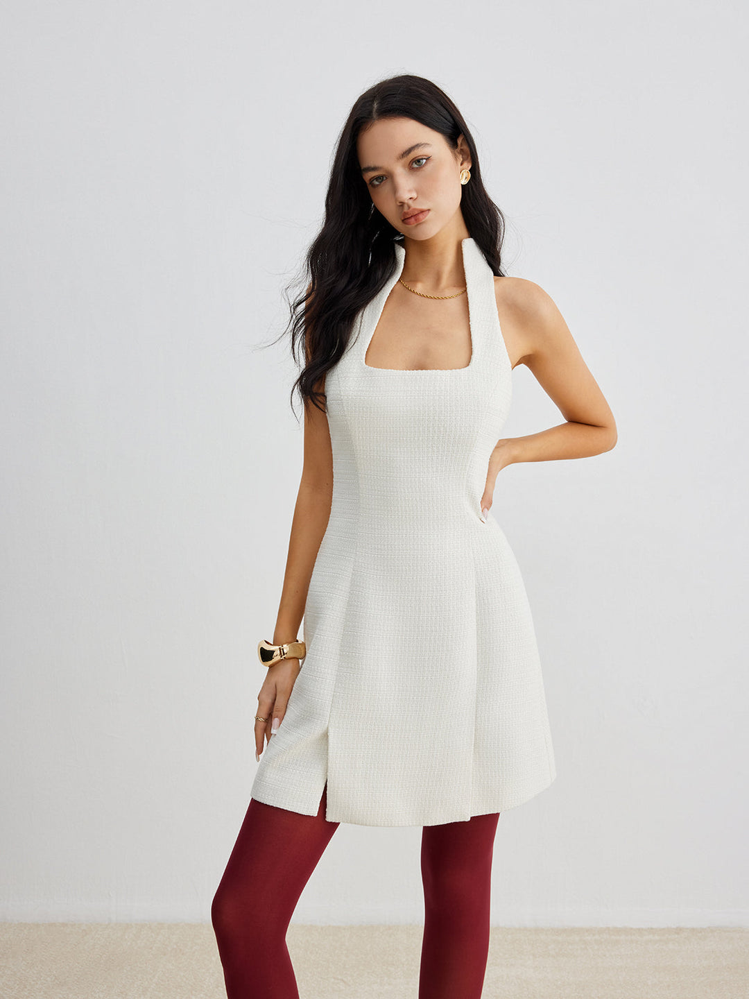 Robe Tweed Col Carré Fermeture Éclair
