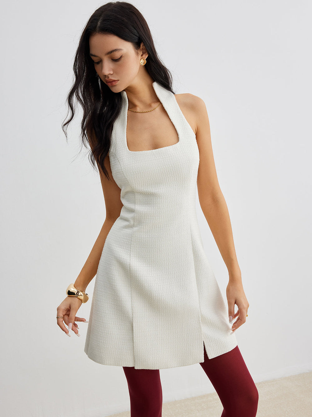 Robe Tweed Col Carré Fermeture Éclair