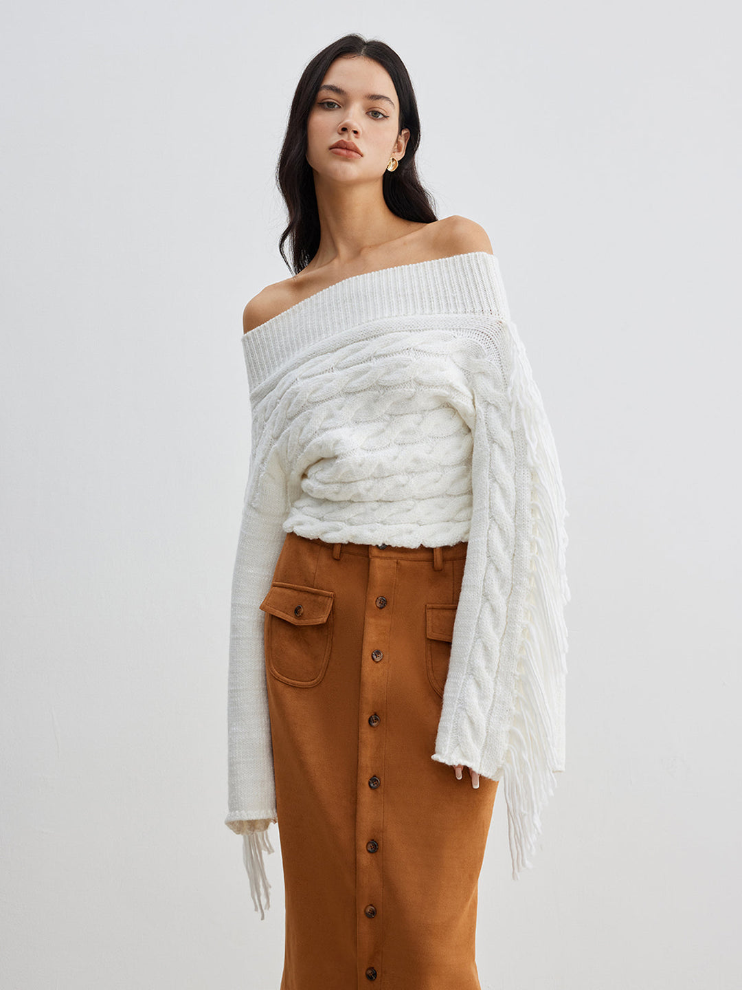 Pull à épaules dénudées à franges Behème