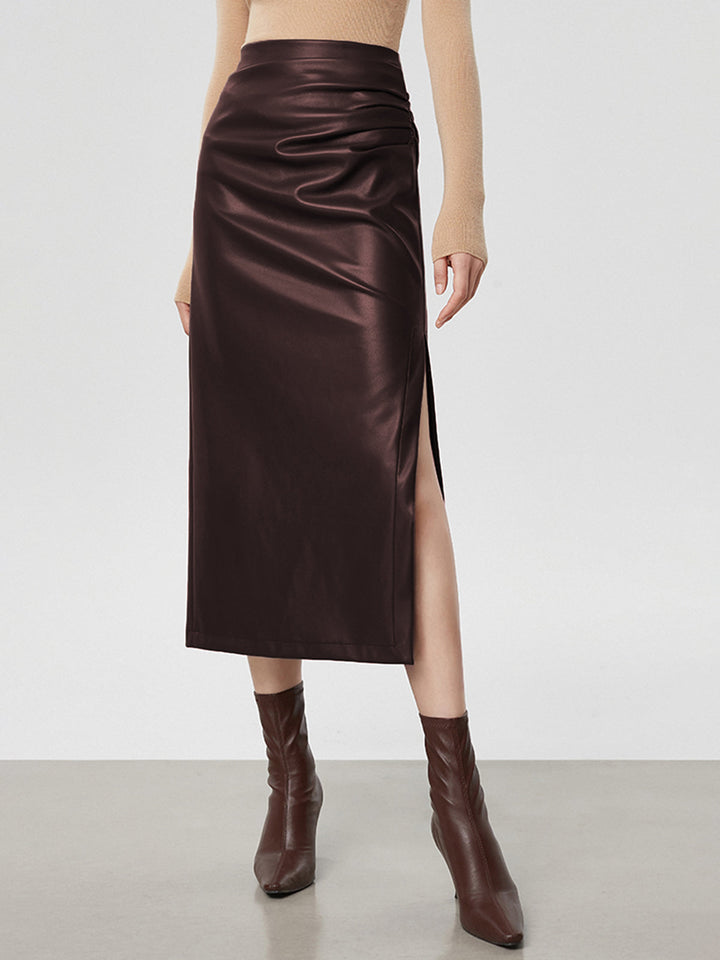 Jupe Midi Faux Cuir Ruchée à Fente