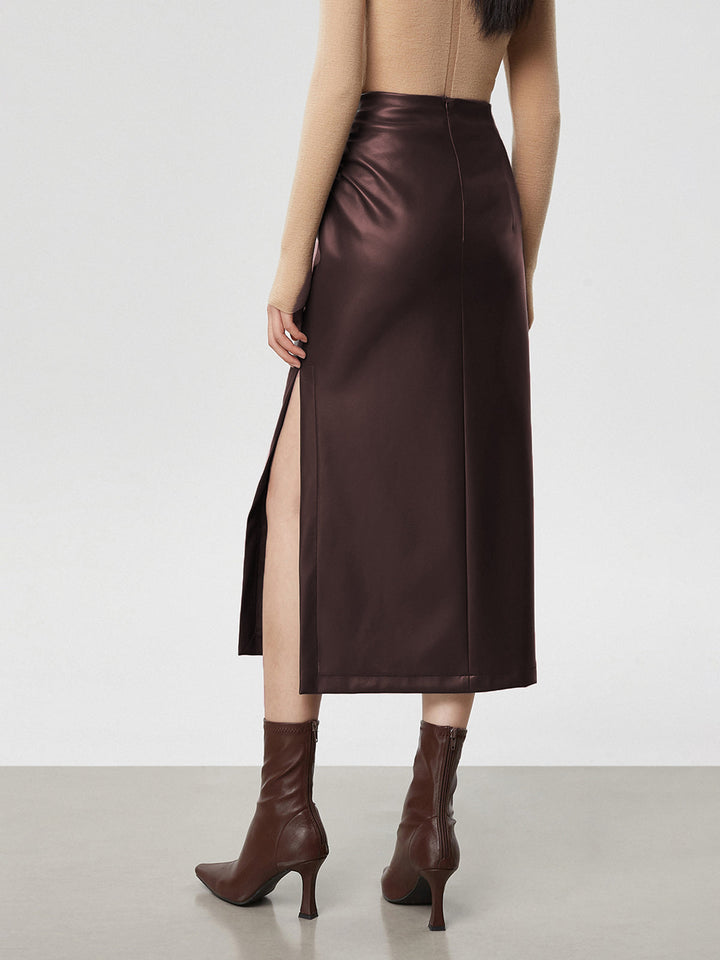 Jupe Midi Faux Cuir Ruchée à Fente