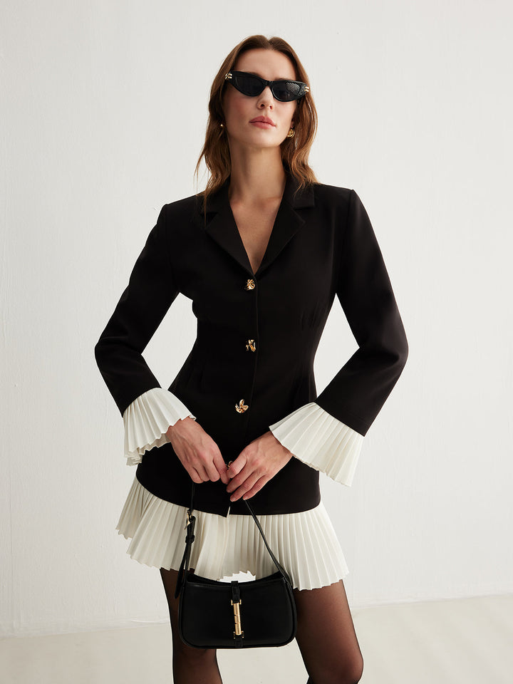 Robe Boutonnée Plissée Bicolore Col V