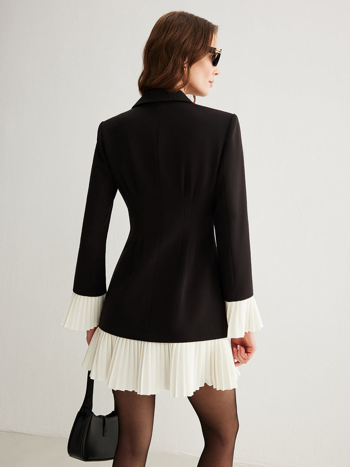 Robe Boutonnée Plissée Bicolore Col V