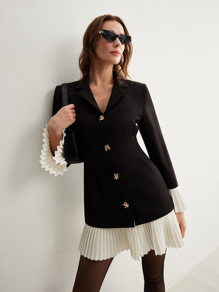 Robe Boutonnée Plissée Bicolore Col V