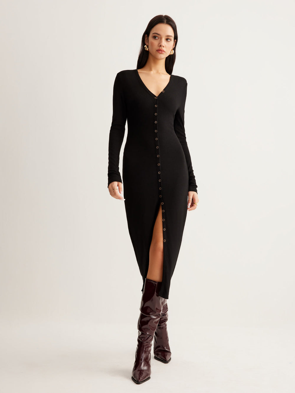 Robe Longue Ajustée à Boutons en V