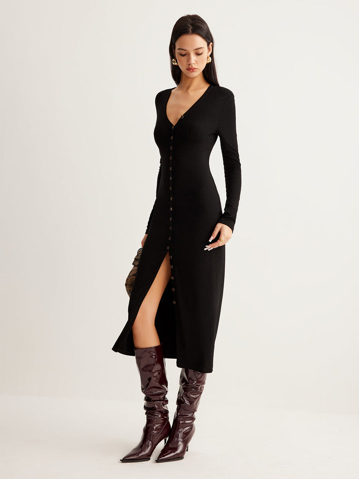 Robe Longue Ajustée à Boutons en V