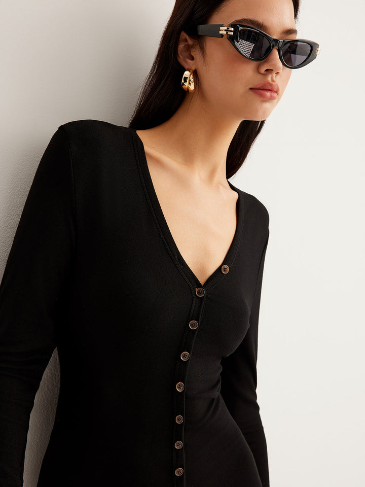 Robe Longue Ajustée à Boutons en V