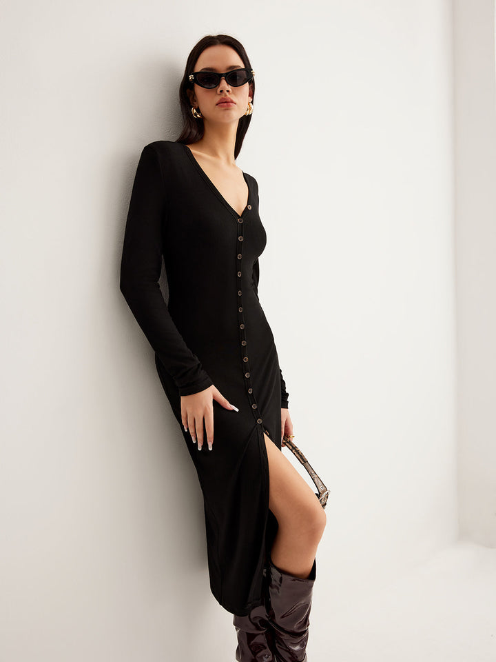 Robe Longue Ajustée à Boutons en V