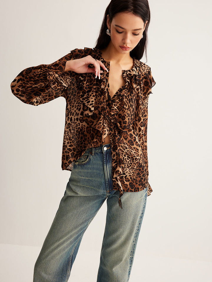 Blouse à Volants Imprimé Léopard