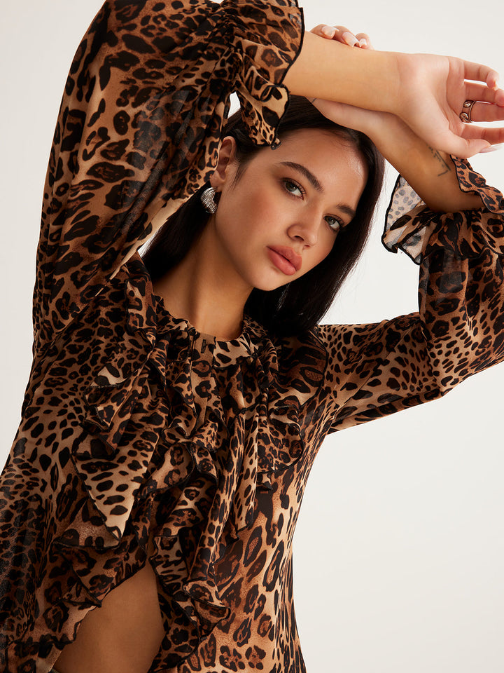 Blouse à Volants Imprimé Léopard