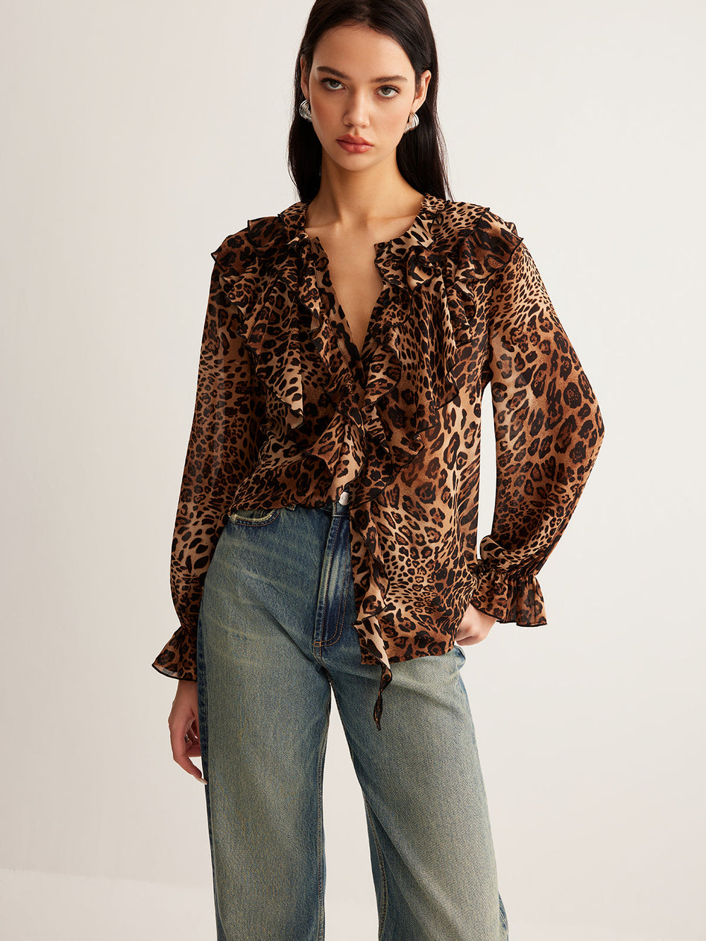Blouse à Volants Imprimé Léopard