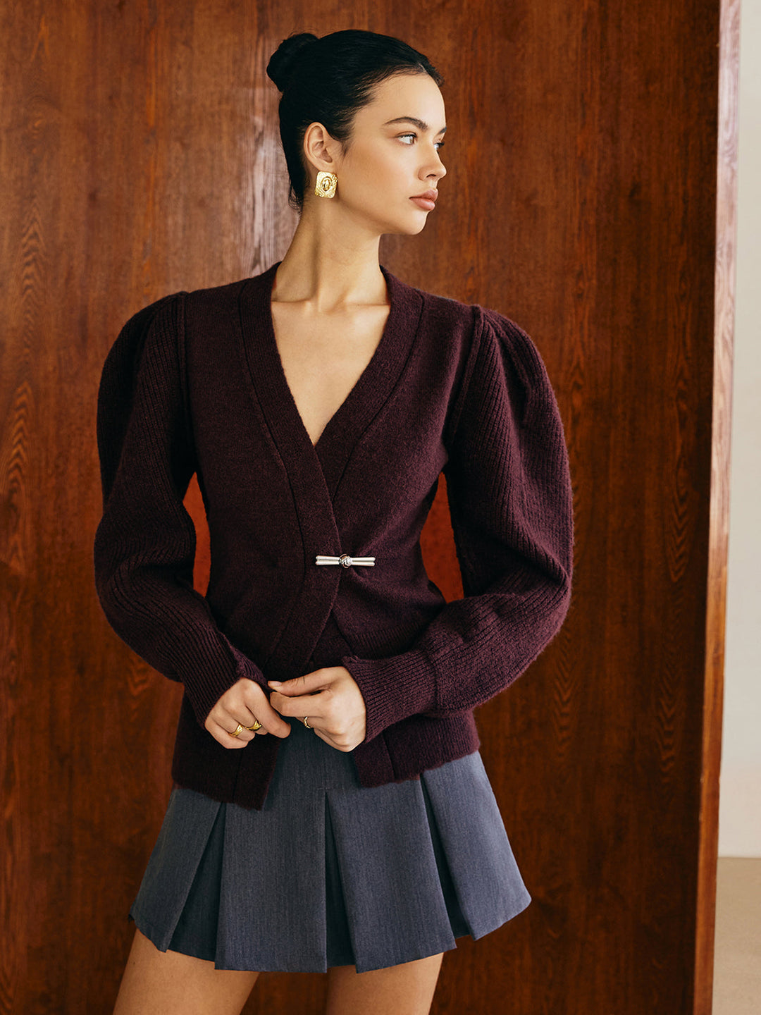 Cardigan à manches bouffantes et col en V
