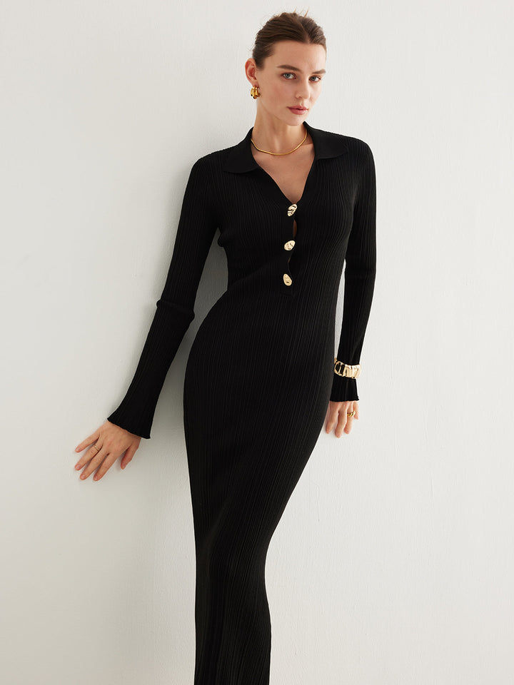 Robe Longue Pull à Manches Évasées et Boutons Métalliques