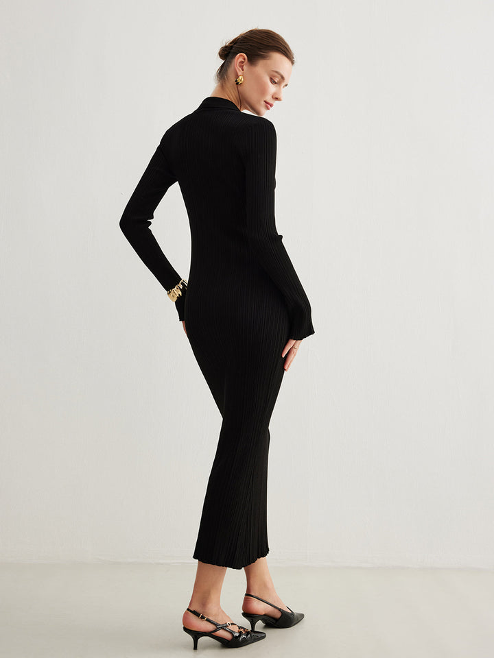 Robe Longue Pull à Manches Évasées et Boutons Métalliques