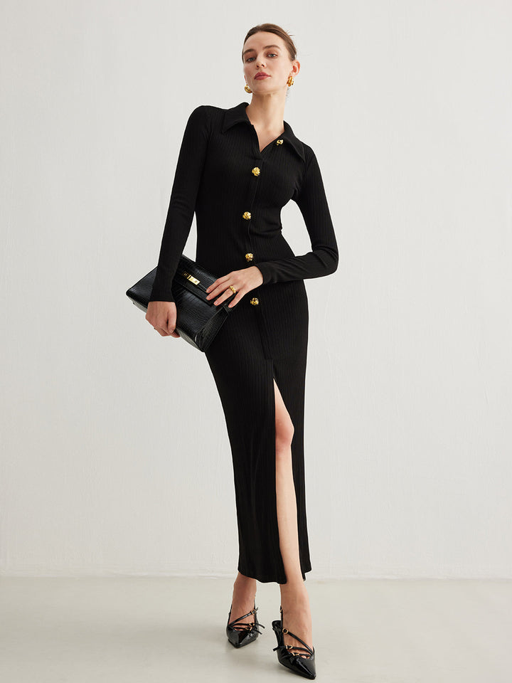 Robe à Manches Longues avec Revers fendus et Boutons en Métal