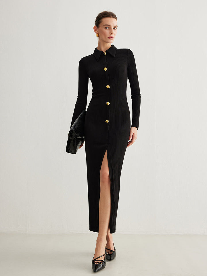 Robe à Manches Longues avec Revers fendus et Boutons en Métal