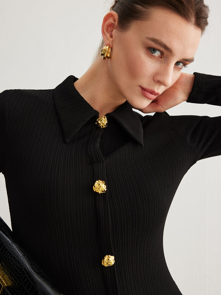 Robe à Manches Longues avec Revers fendus et Boutons en Métal