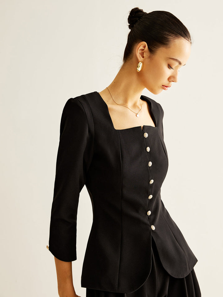 Blouse boutonnée à col carré et fente