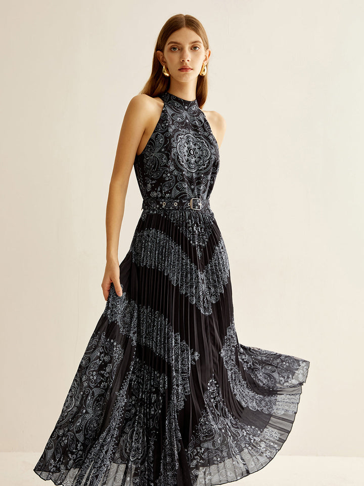 Robe Longue Sans Manches Plissée Bohème avec Ceinture