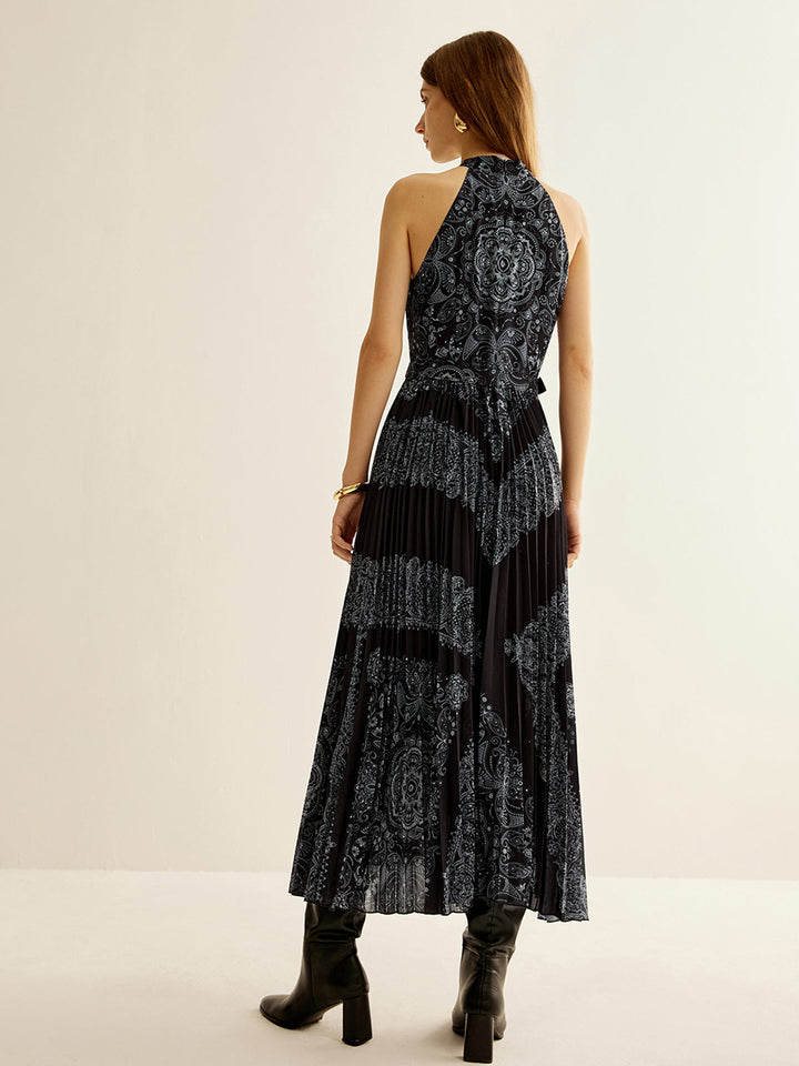 Robe Longue Sans Manches Plissée Bohème avec Ceinture
