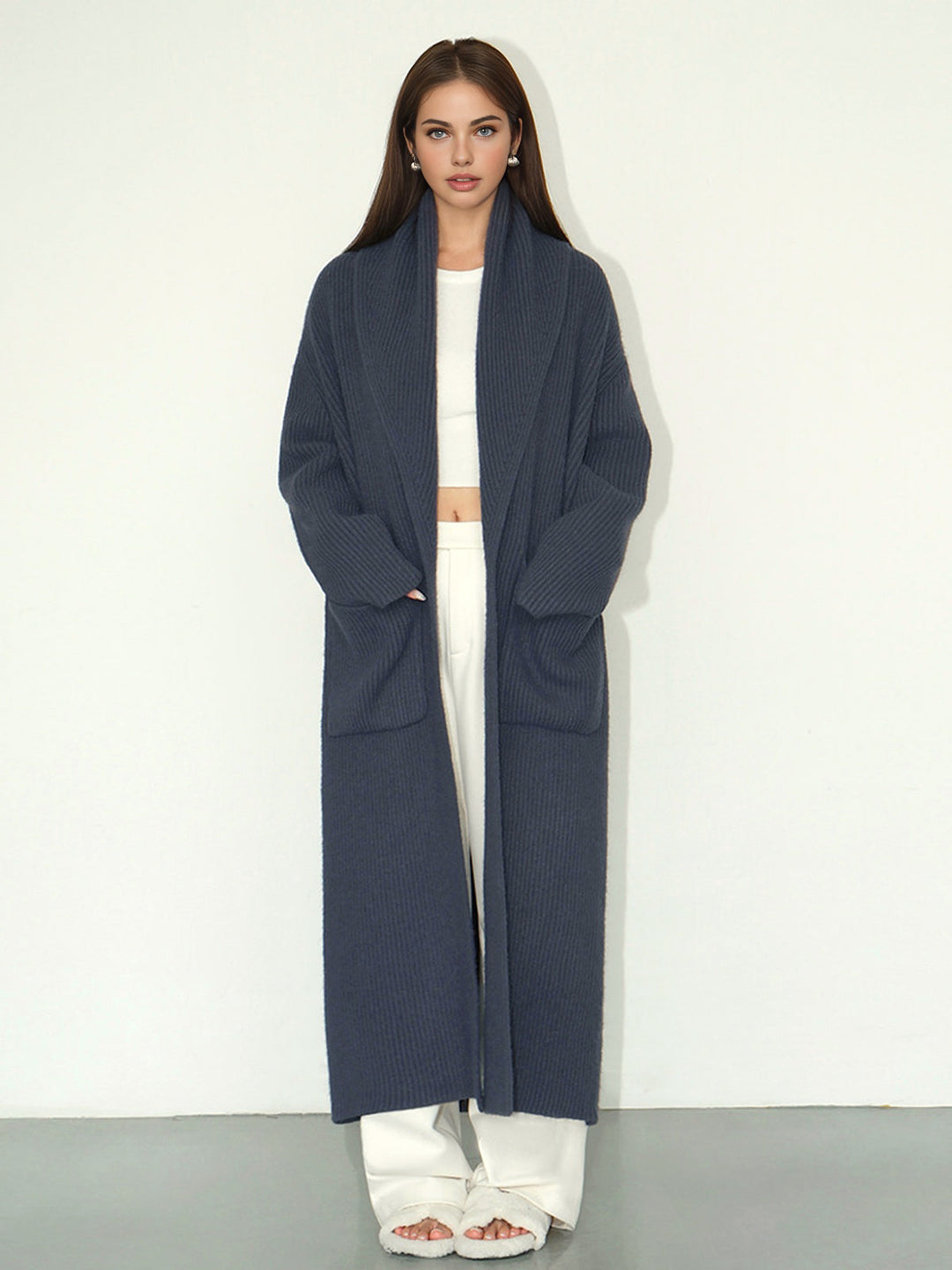 Cardigan Long Côte à Côte Uni à Poches