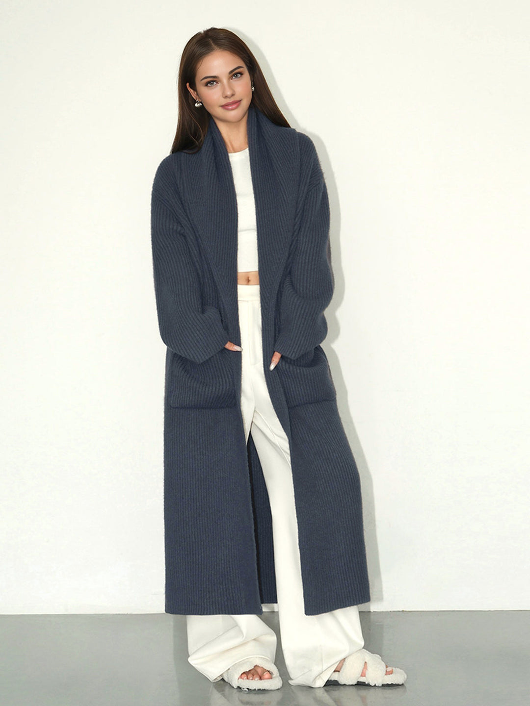 Cardigan Long Côte à Côte Uni à Poches