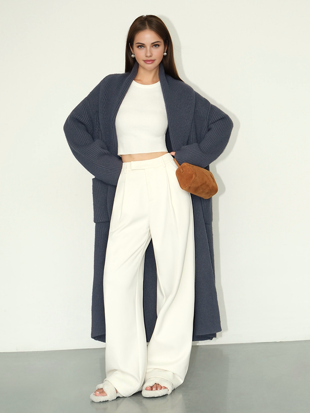 Cardigan Long Côte à Côte Uni à Poches
