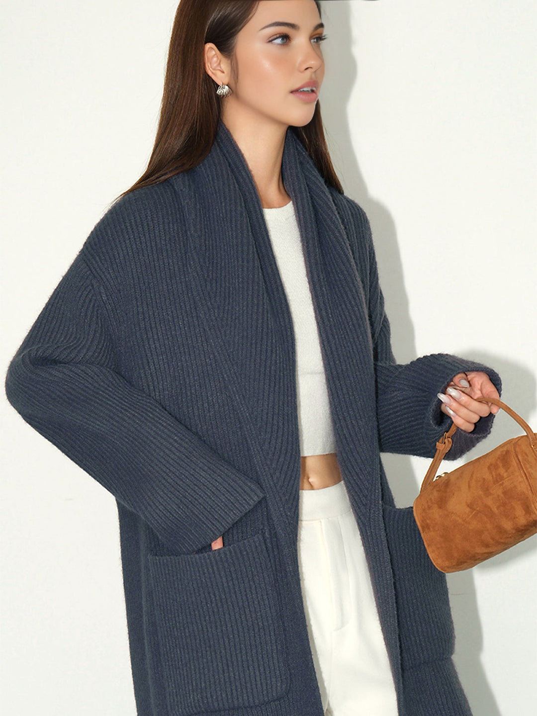 Cardigan Long Côte à Côte Uni à Poches