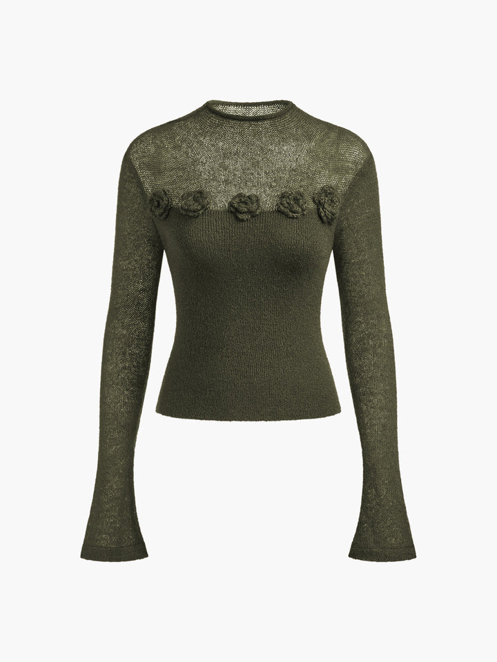 Haut en tricot doux à fleurs 3D