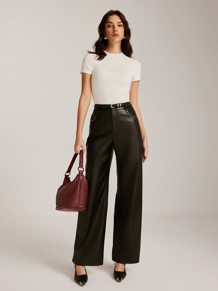 Pantalons Droits en Similicuir Ornés de Clous