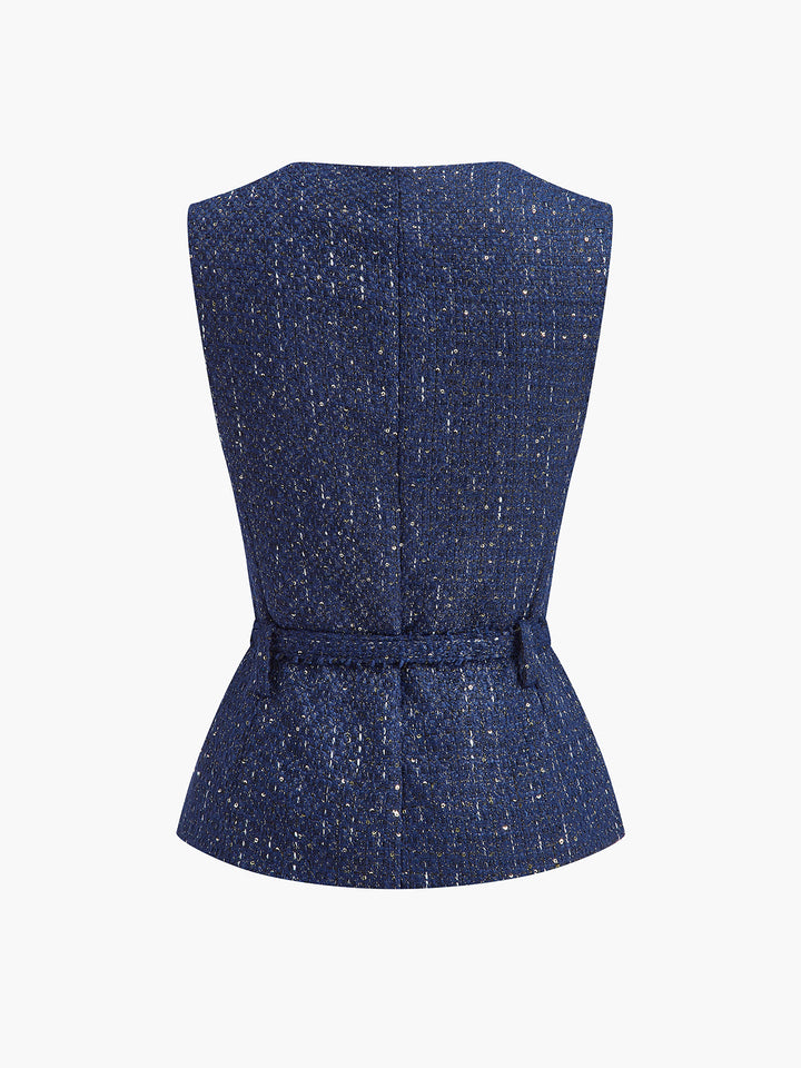Gilet en tweed à sequins et ceinture