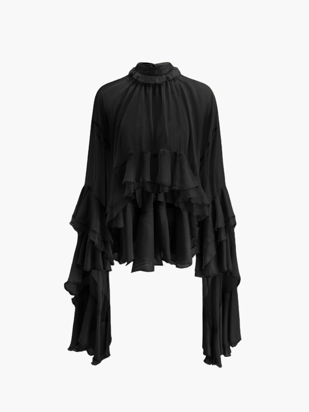 Blouse en mousseline à volants et col roulé transparent