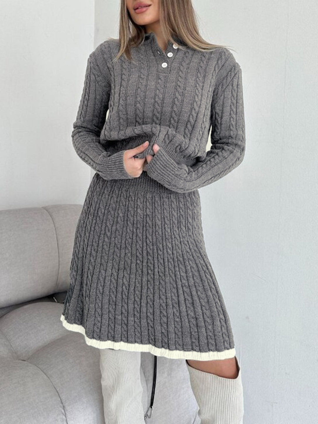 Ensemble Jupe Maille "Cable Knit" à Revers Contrastant