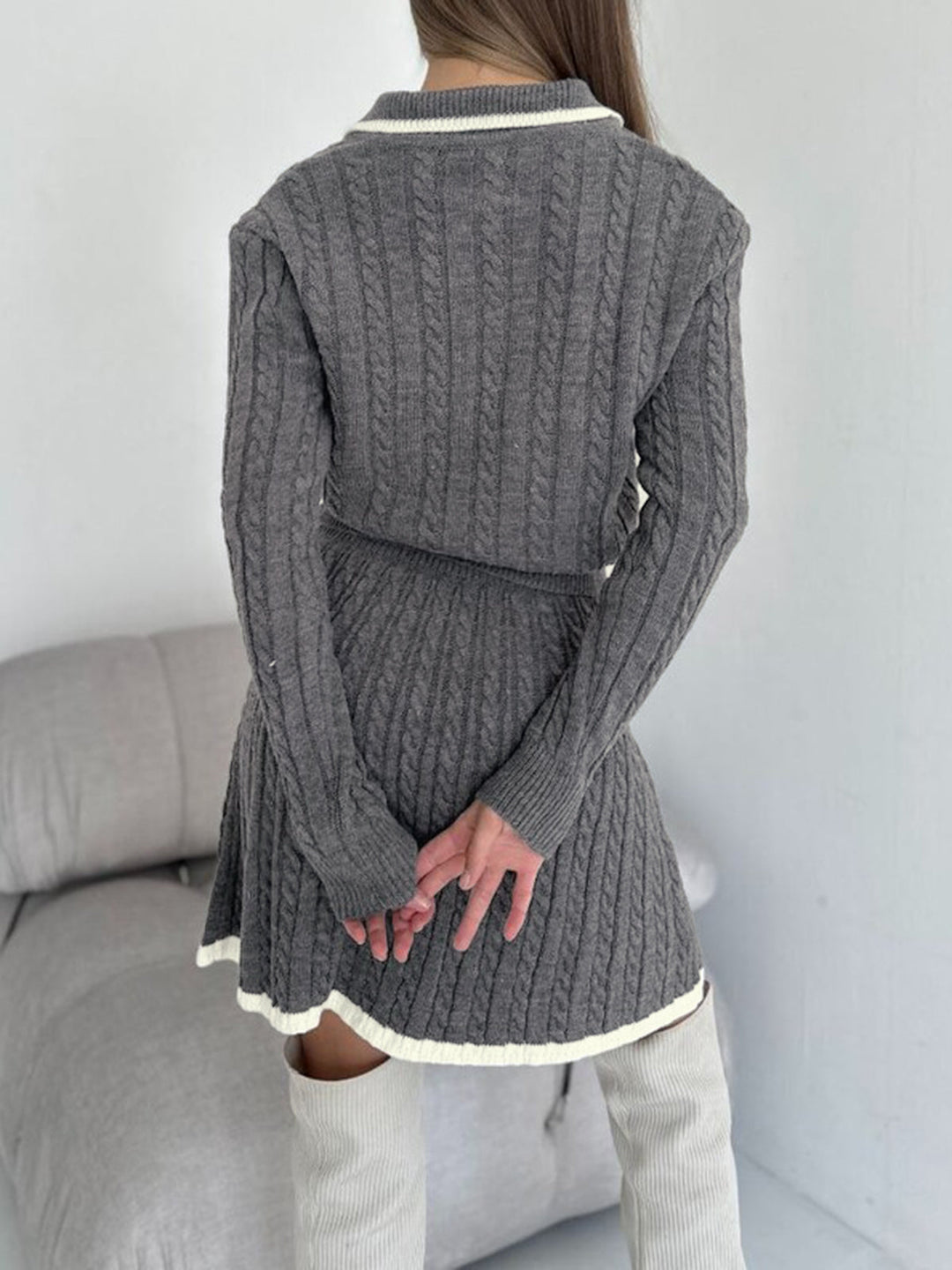 Ensemble Jupe Maille "Cable Knit" à Revers Contrastant