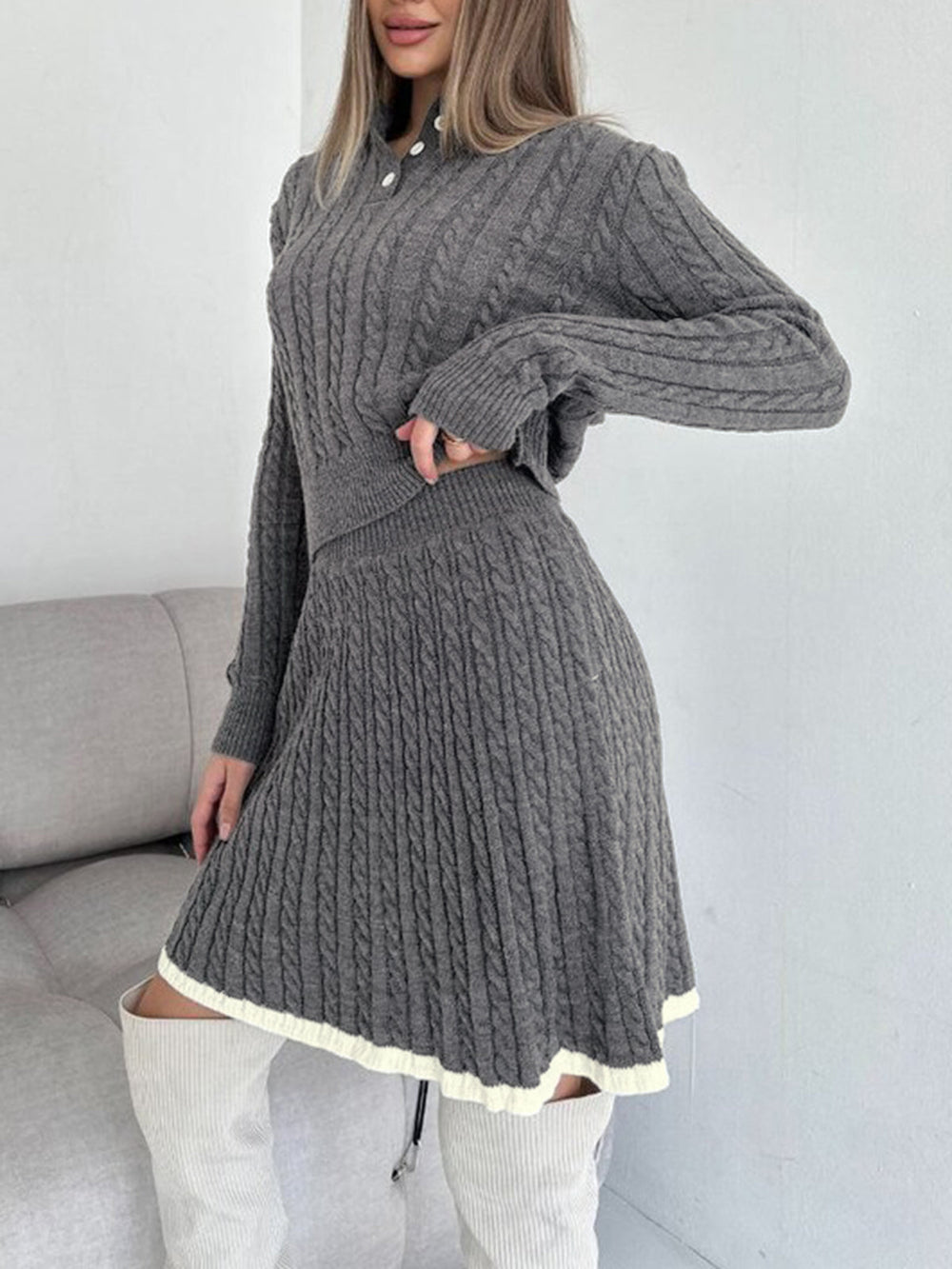 Ensemble Jupe Maille "Cable Knit" à Revers Contrastant